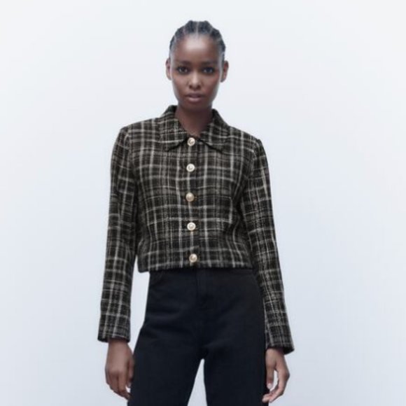 NWOT ZARA TARTAN PLAID GOLD BUTTON DETAIL BLAZER JACKET BLOGGERS FAV - Picture 1 of 10
